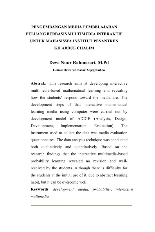 Pengembangan Media Pembelajaran Peluang Berbasis Multimedia Interaktif untuk Mahasiswa Institut Pesantren KH. Abdul Chalim
