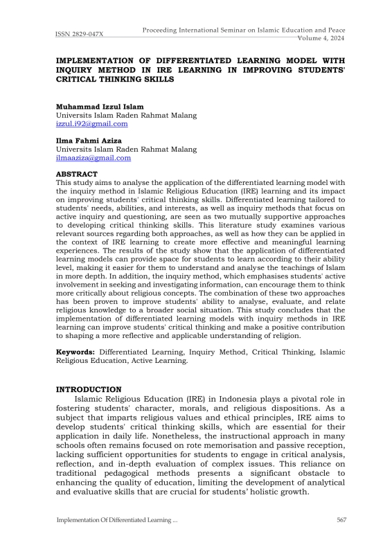 Implementation of Differentiated Learning Model with Inquiry Method in IRE Learning in Improving Students' Critical Thinking Skills