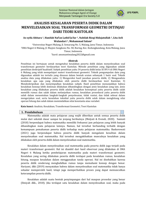 Analisis Kesalahan Peserta Didik dalam Menyelesaikan Soal Transformasi Geometri Ditinjau dari Teori Kastolan