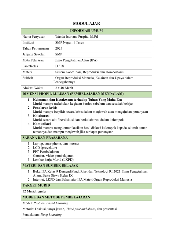 Modul Ajar IPA Kelas IX: Sistem Koordinasi, Reproduksi dan Homeostasis (Organ Reproduksi Manusia)